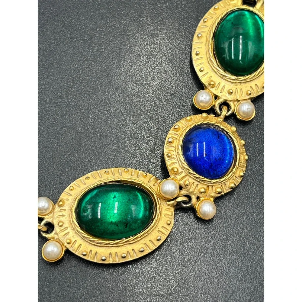 Vintage Blue Green Gemstone color cabochon Byzantine costume Pearl Bracelet 7